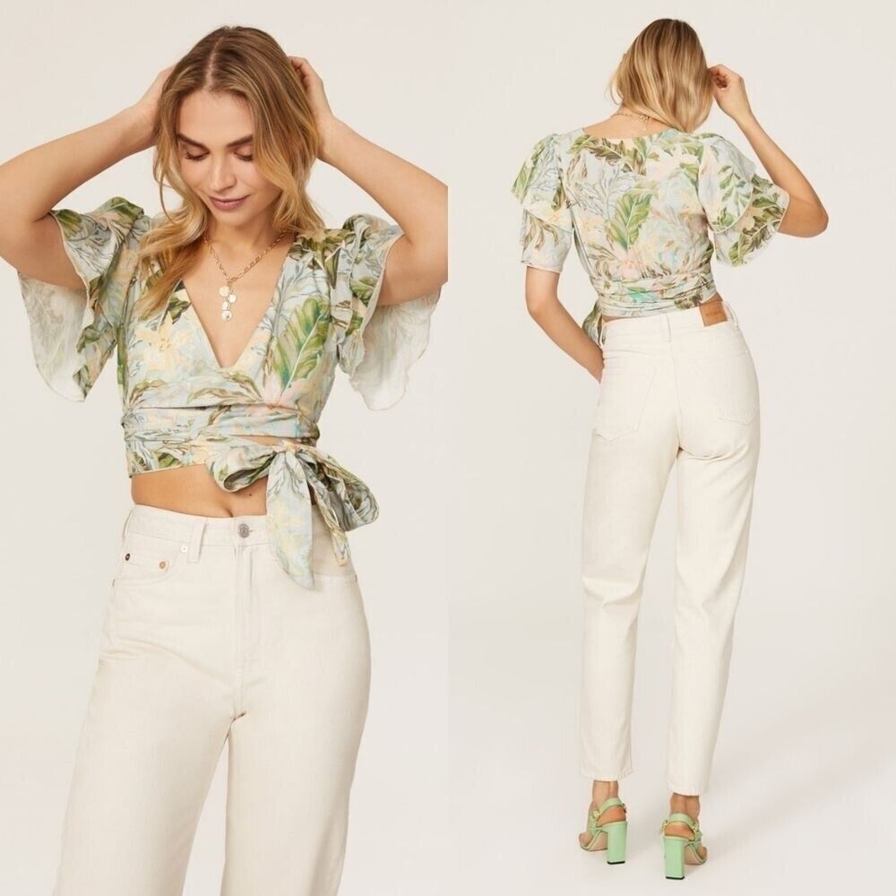 SHOW ME YOUR MUMU Wilson Floral Tie Top S Crop Wrap Flutter Sleeve Vacay EUC B48